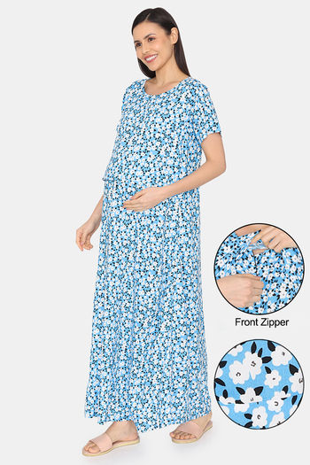 Buy Coucou Maternity Woven Full Length Nightdress With Front Zipper And Discreet Feeding - River Blue